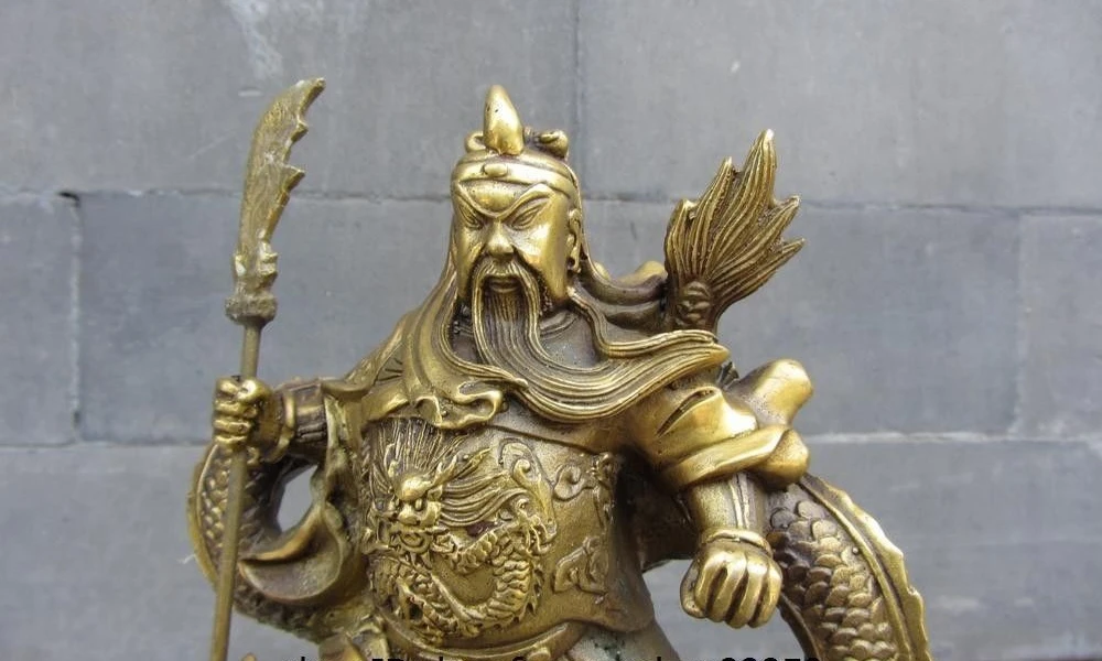 21CM China Folk Brass Copper Stand Dragon Guan Gong Guan Yu Wu Sheng Warrior Statue