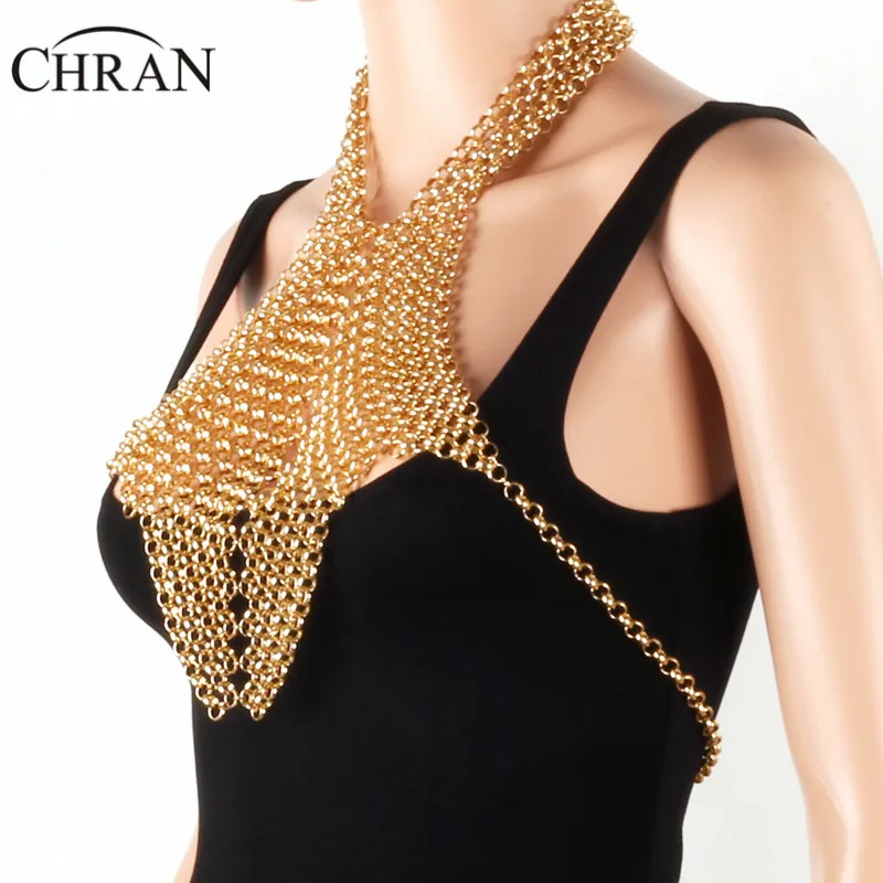 Chran Chain Festival Rave Top EDC Outfit Harness Statement Necklace Chainmail Crop Top Bra Burning Man Sexy Wear Jewelry CRBJ119