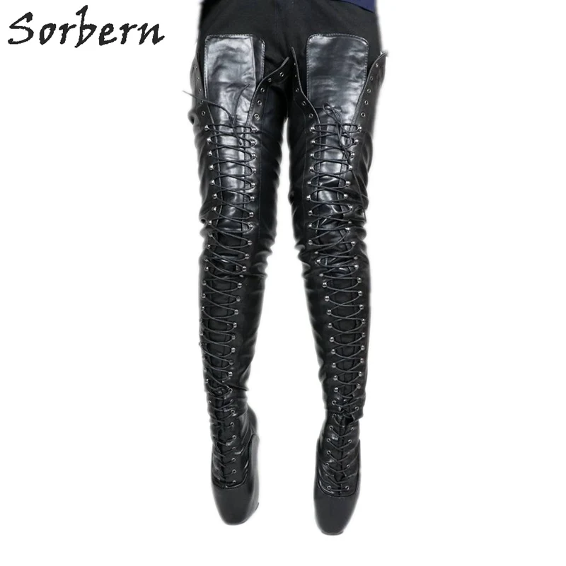 Sorbern Heavy Hoof Heelless Crotch Thigh High Boots Unisex Thick Platform Thigh 80cm Laceup Horse Heel Boots Custom Wide Calf