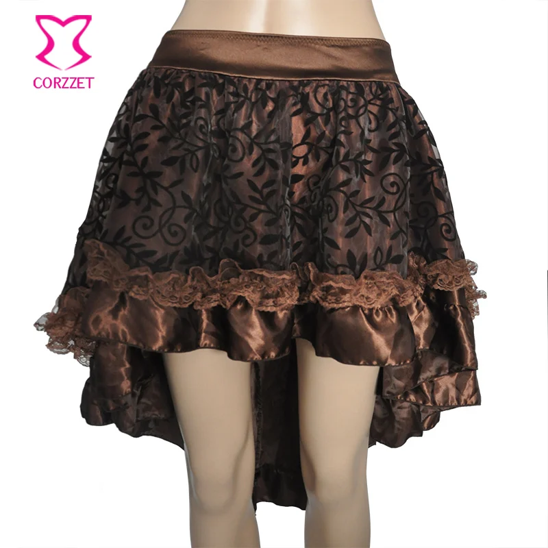 Corzzet dispone di Brown Raso E Maglia Steampunk Epoca Gotica Gonne Burlesque Costume Sexy Ruffle Skirt Per Le Donne Corrispondenza Corsetto