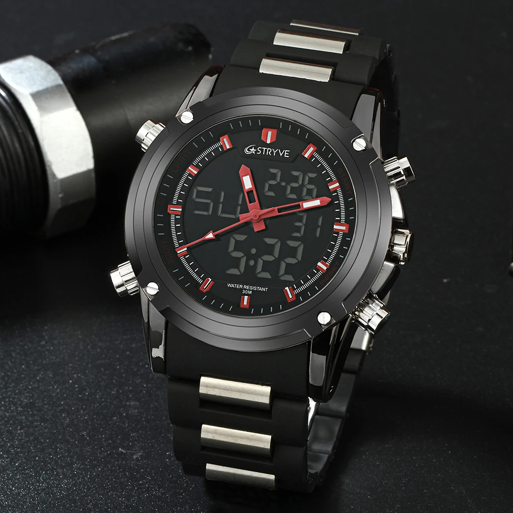 Relojes Hombre Hot Mens Watches Top Brand Luxury Stryve Waterproof Men Sports Dual Display Quartz Digital Watches Male Alarm