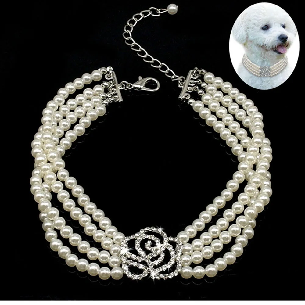 4 Row Pearls Pet Dog Necklace Collar with Bling Flower Charm for Puppy Chihuahua