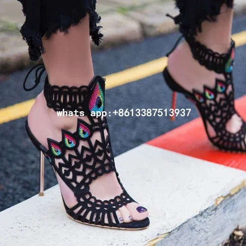 2017 Hot Summer Sexy Women Black Gladiator Cuts Out Open Toe 100 mm Phaedra Peacock High Heel Lace Up Back Sandals Party Shoes