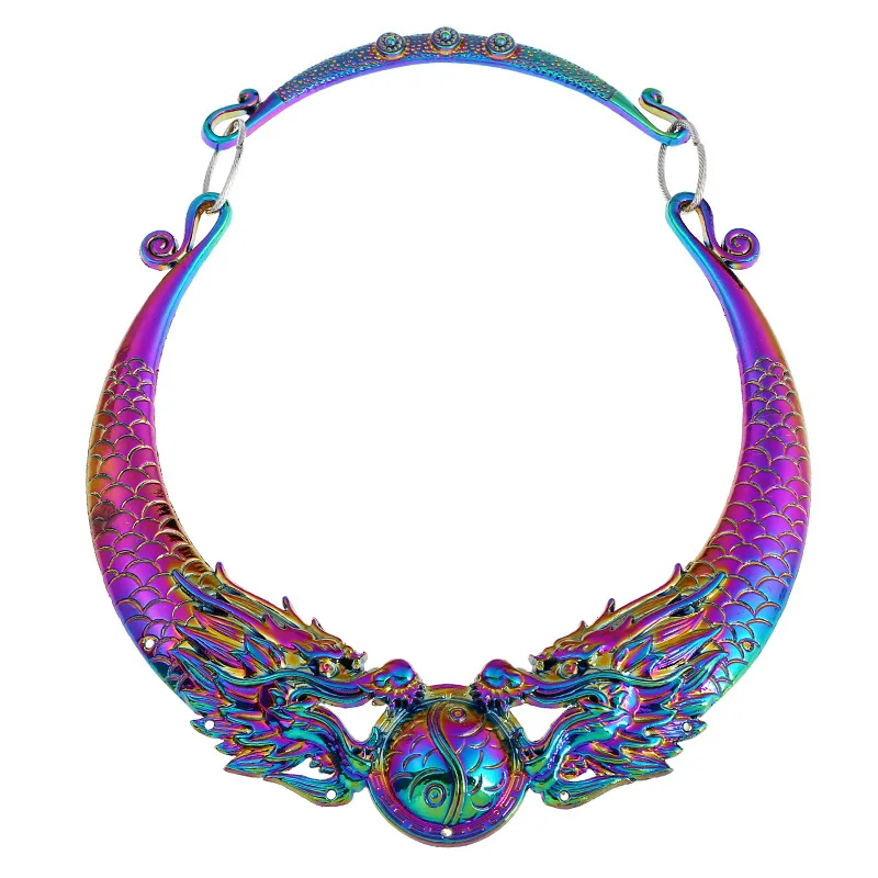 KMVEXO Ethnic Collar Choker Necklace Charming Multicolor Laser Jewelry Chinese Peacock Dragon Maxi Necklaces Statement Necklace