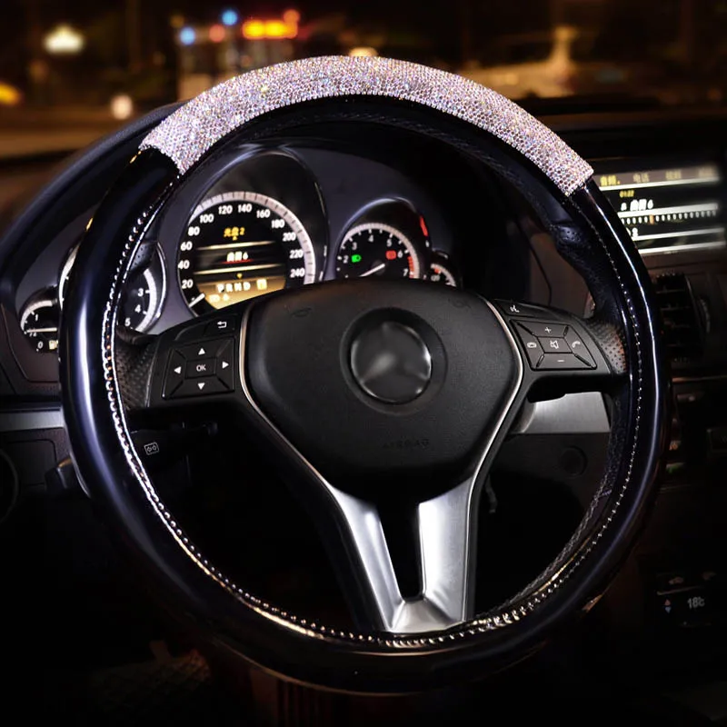 Fashion Rhinestones Car Steering Wheel Covers Leather with Crystal Bling Steering Cases for Girls Lady Car Interior Accessories