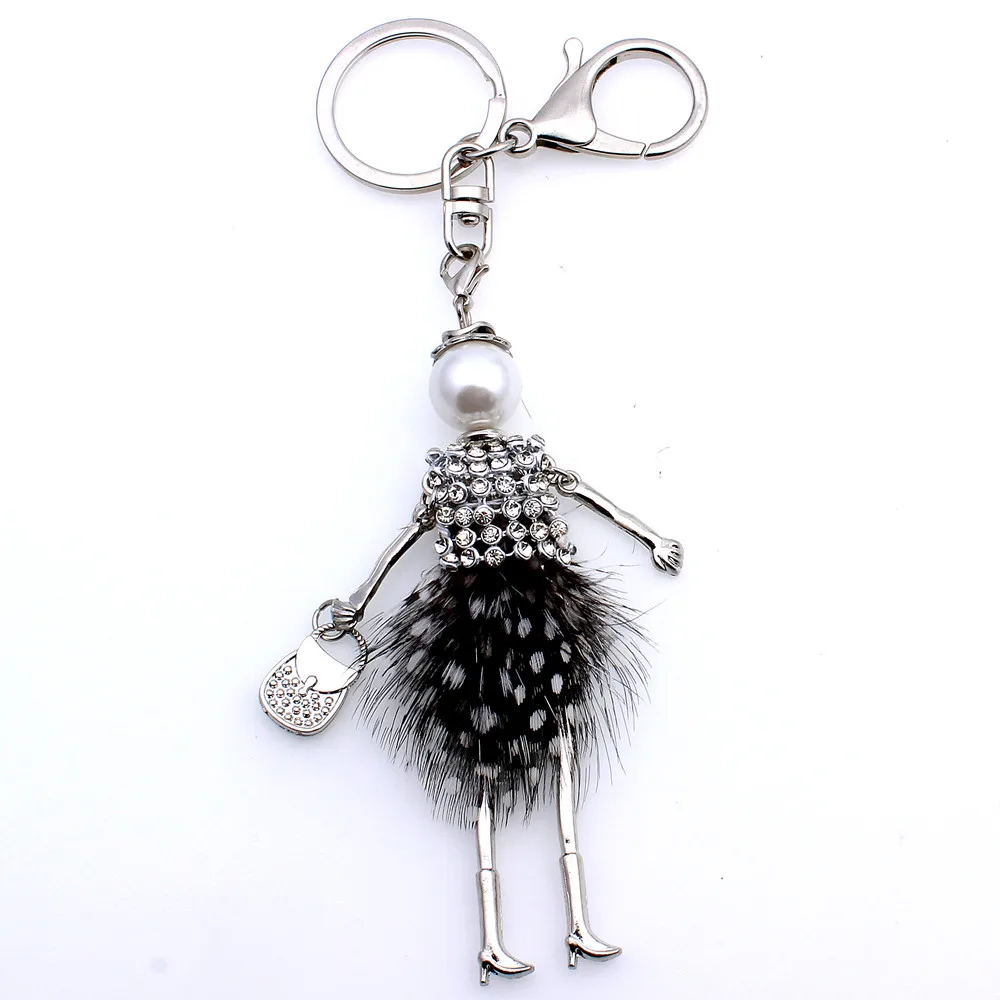 Fashion Rhinestone Feather Doll Key Chain For Keys Women Girl Decorative Keychain Charm Pendant Jewelry Aceessories 2017