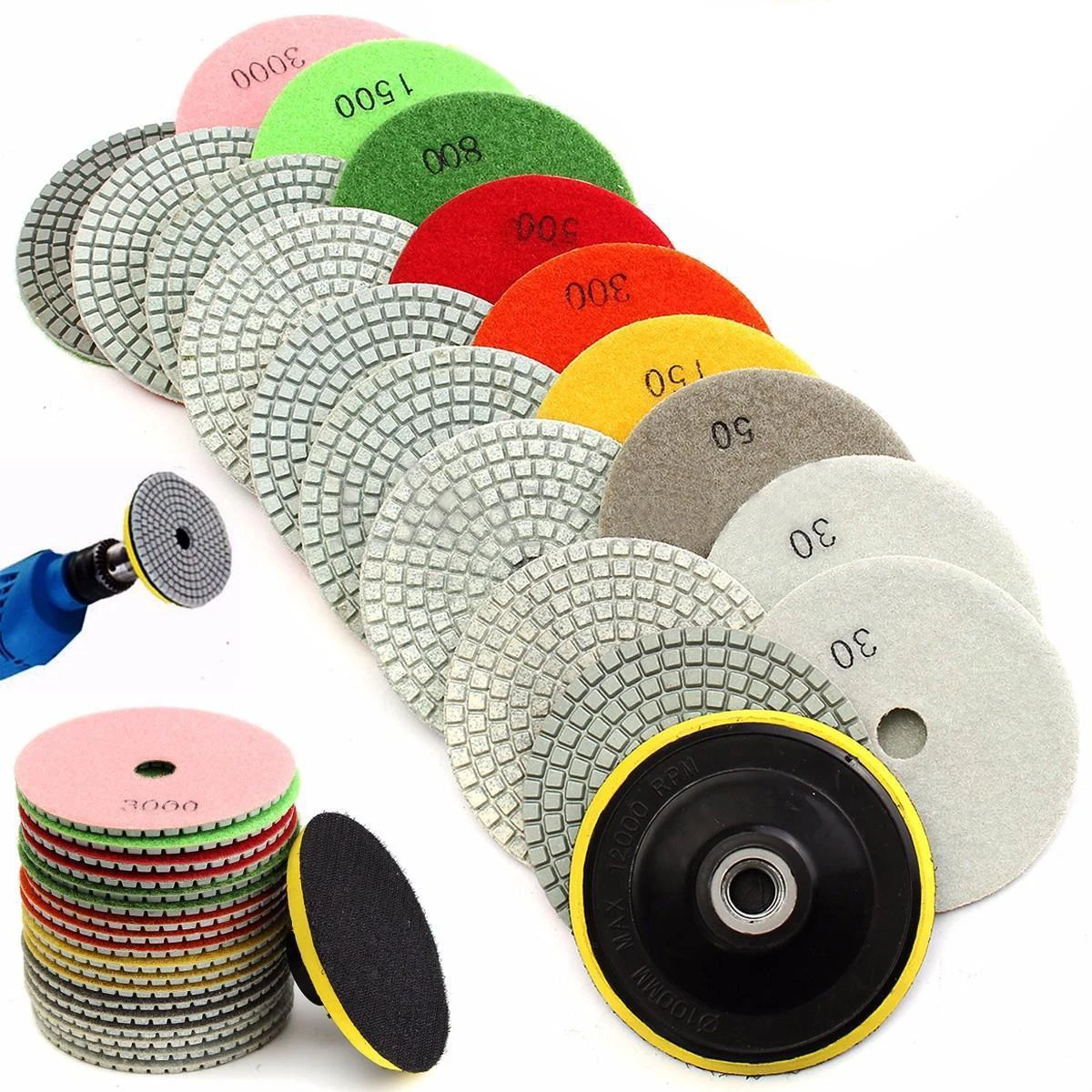 19pcs(30/50/150/300/500/800/1500/3000) New 4 inch Diamond Polishing Pad Set Granite Marble Concrete Stone Wet/Dry