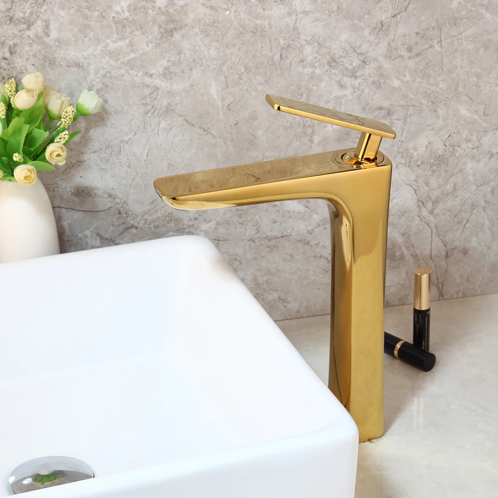 Monite Golden Plated Stream Spray Bathroom Wash Basin Sink Faucet Vessel Single Handle Deck Mounted Solid Brass Faucet Mixer Tap