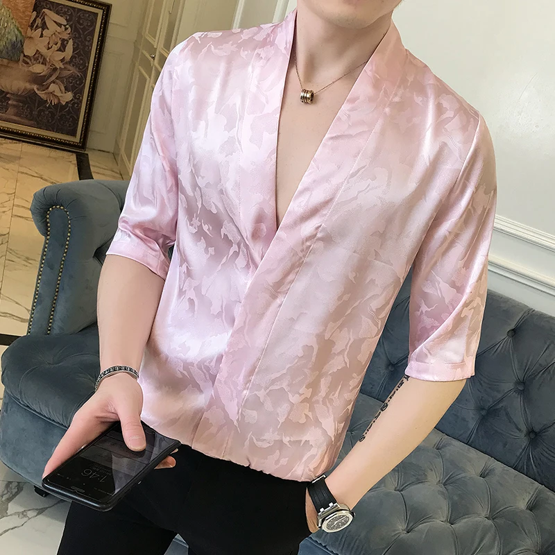 Pink Shirts Mens Silk Shirts Luxury Camisa Social Masculina Slim Fit Satin Black Shirts Mens Fashion 2018 Japanese Summer Mens