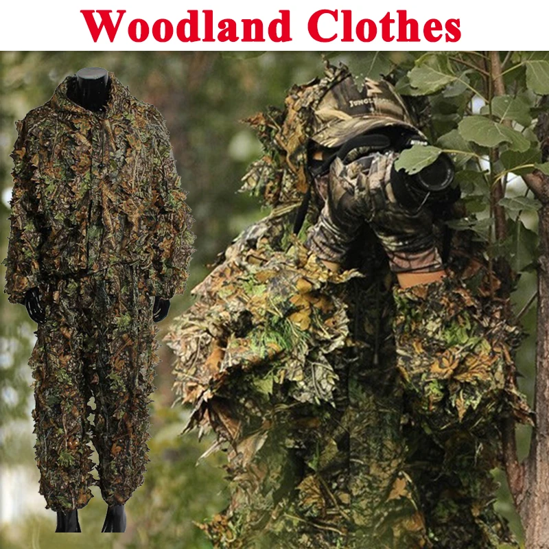 3D Woodland Clothes Tactical Ghillie Suits Camoufalge Hunting Clothes Outdoor Airsoftsport Hidden Shirt + Pants