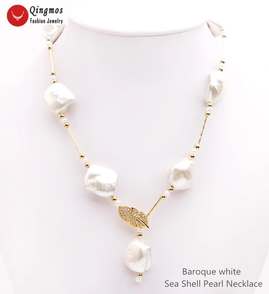 Qingmos Fashion Sea Shell Pearl Necklace for Women with 15*20mm Baroque White Sea Shell Pearl Long Necklace Jewelry 28'' nec6535