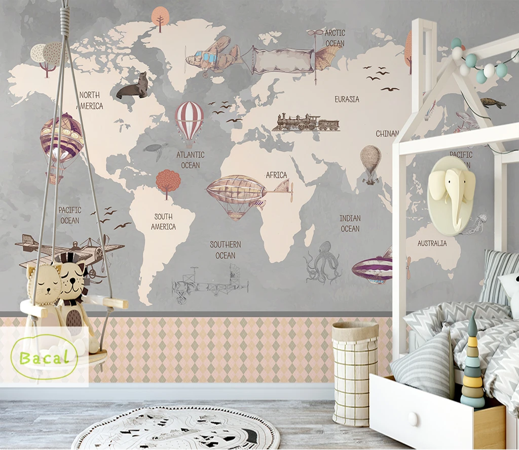 Bacal Custom 5D wallpaper cartoon world map tv background wall living room background hot air balloon 3d wallpaper murals