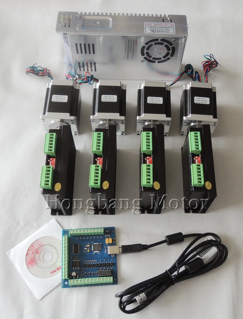 Ship from EU,CNC USB 4 Axis Kit, 4pcs TB6600 stepper motor driver+mach3 USB control card+4pcs nema23 270oz-in motor+power supply