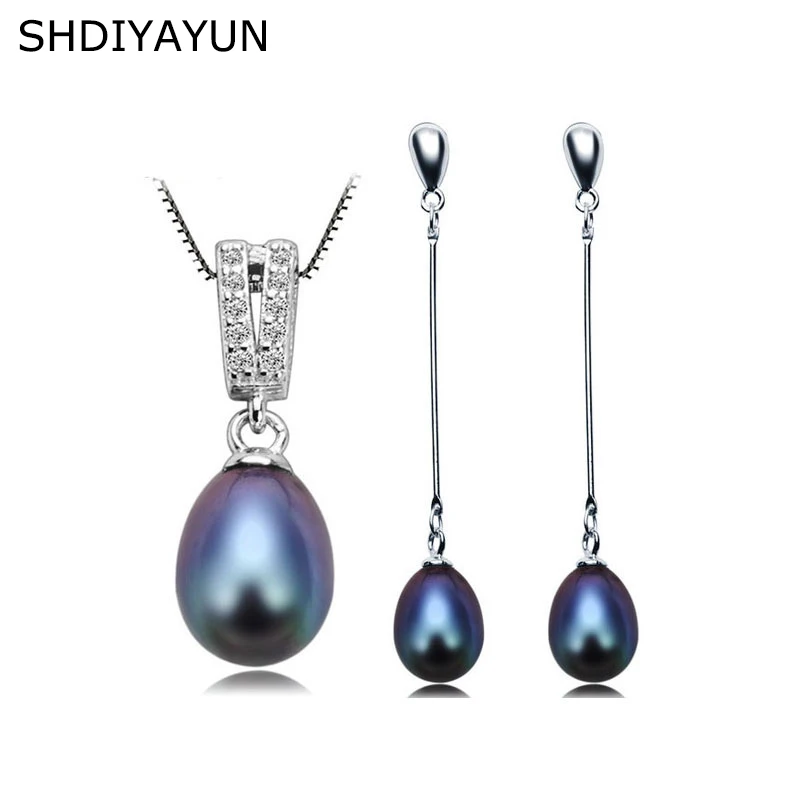 

SHDIYAYUN 2019 Pearl Jewelry Set 925 Sterling Silver Sets Natural Freshwater Balck Pearl Necklace Earrings Pendants For Women