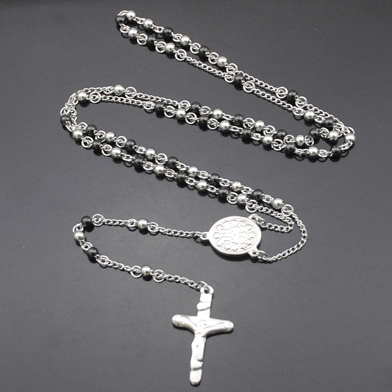 ATGO Rosary Beads chain Cross Religious Chain Stainless Steel Necklace Womens Mens fashion necklaces for women catholic BRN05