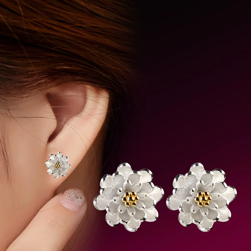 Wholesale 925 Silver Needle Fashion Lotus Flower Ladies Stud Earrings Jewelry Women Birthday Gift Drop Shipping Anti Allergy