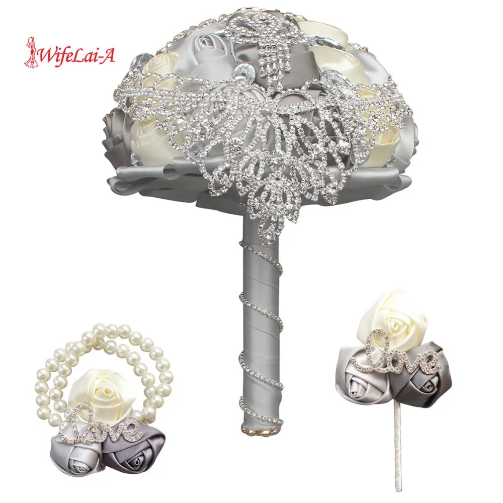 Luxury Rhinestone Bouquet Crown Diamond Tassel Mariage Bridal Bouquet Gray Ivory Silk Wedding Bridal Bouquet Set  W288-T