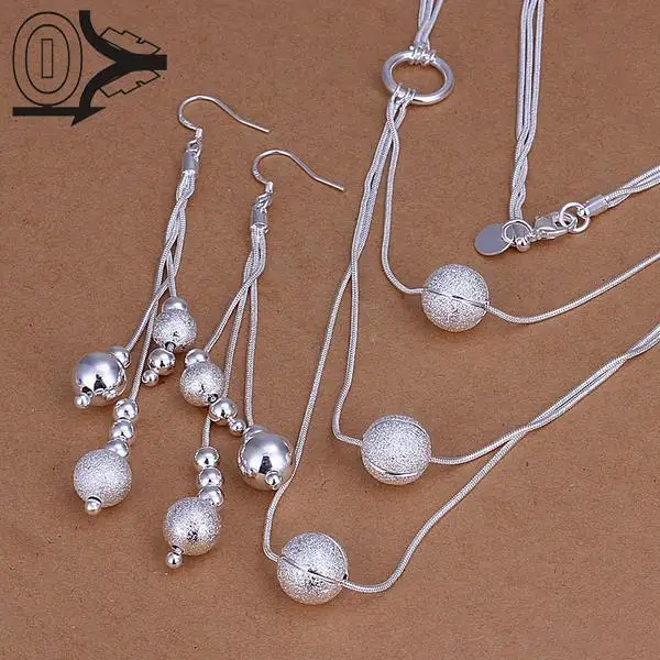 Wholesale 925 Sterling Silver Jewelry Set,Cheap Bridal Party Sets,Three Sand Bead Fashion Necklace Earrings for Women Two Piece