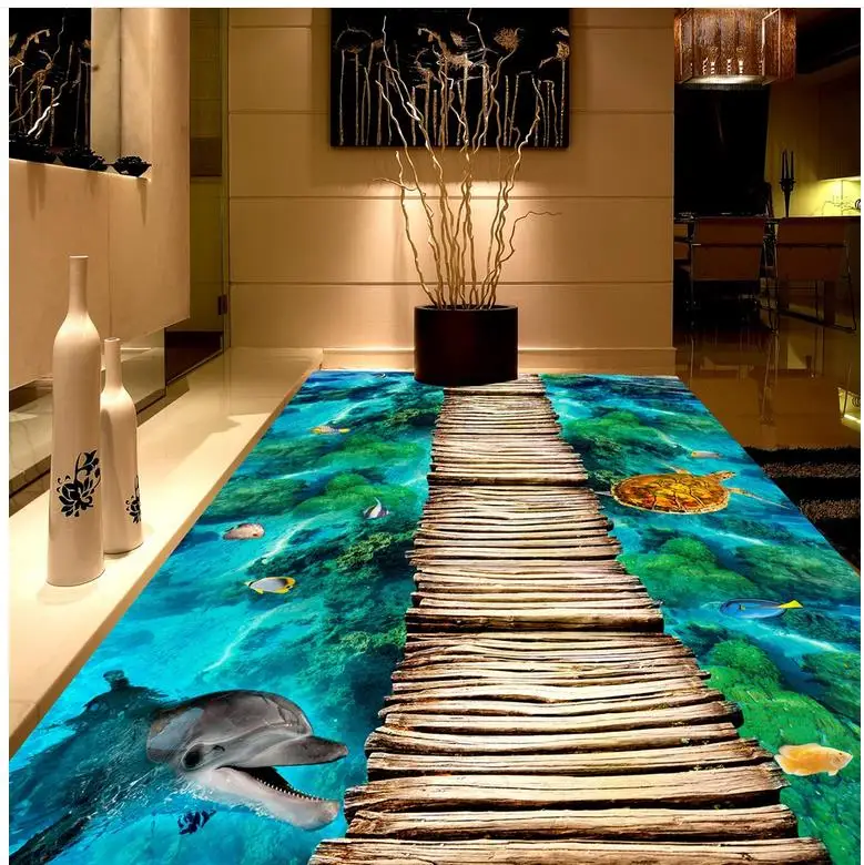 Floor Painting 3D Wallpaper Wooden Bridge Blue Ocean Painting Mural-3d PVC Wallpaper Self-adhesive Floor Wallpaper-3d 3D Floor