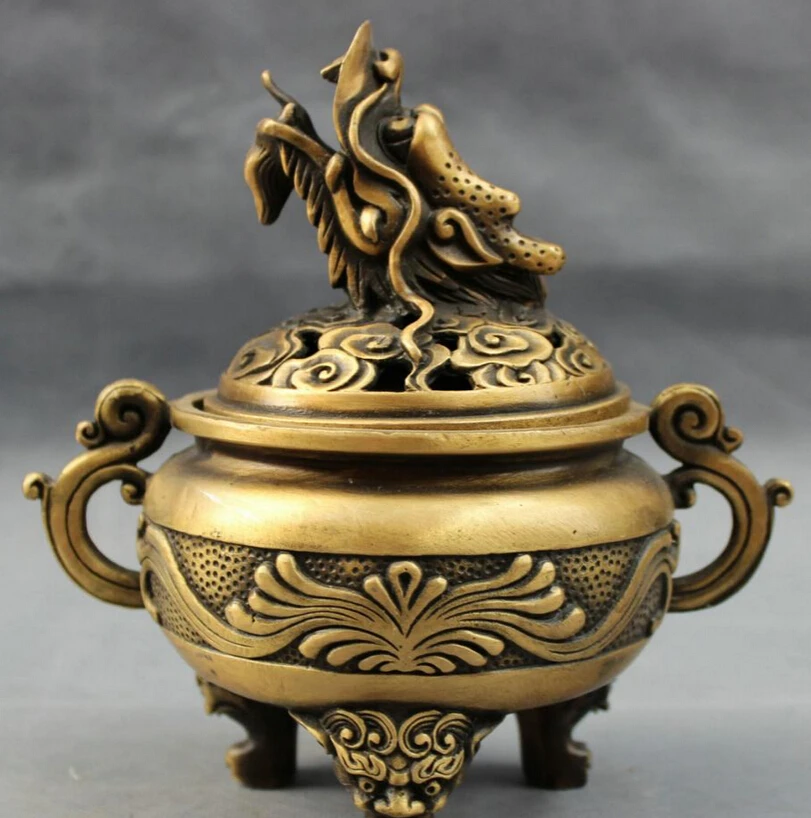 

7 INCH Chinese Bronze Wealth FengShui Dragon Head Statue Lion Incense Burner Censer