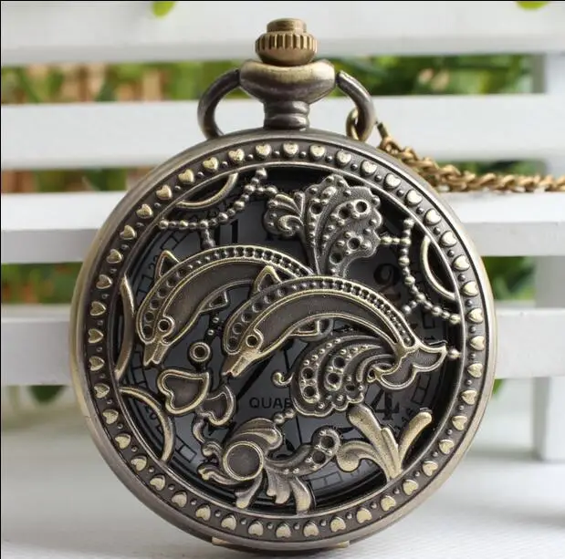 Vintage classic dolphins Hollow out quartz men and woman gift pocket watches fob chain watches