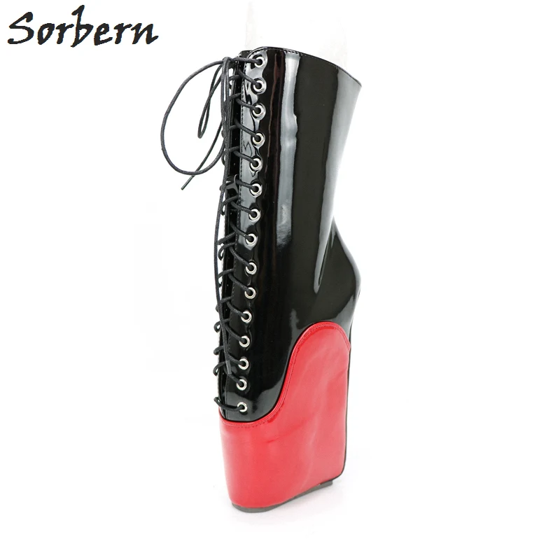 Sorbern Ballet Wedge Boots Mid Calf Hoof Sole Heelless Boots For Women Sexy Fetish Shoes Ballet Toe Lace Up Black Red Patent