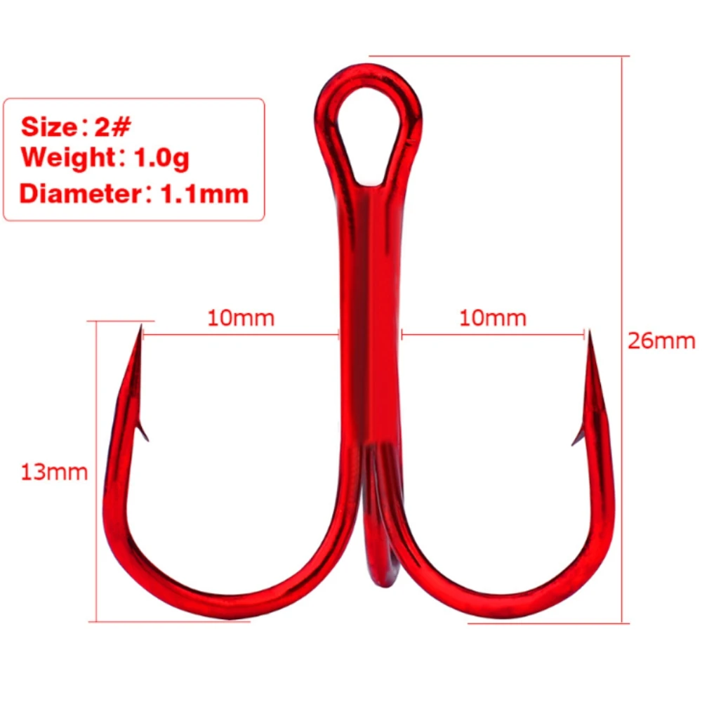 10Pcs/lot Three Hook Red Nickel Color Fishhook 2/4/8/10# Fishing Hook High Carbon Steel Treble Hooks Fishing tackle