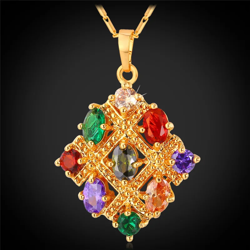 Kpop Multicolor Necklaces AAA Cubic Zirconia Gold/Silver Color Micro Inlay Squared Up Vintage Necklace New For Women P223