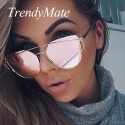 Hot 2017 New Cat Eye Sunglasses Women Brand Designer Fashion Twin-Beams Rose Gold Mirror Cateye Sun Glasses For Female UV400 195