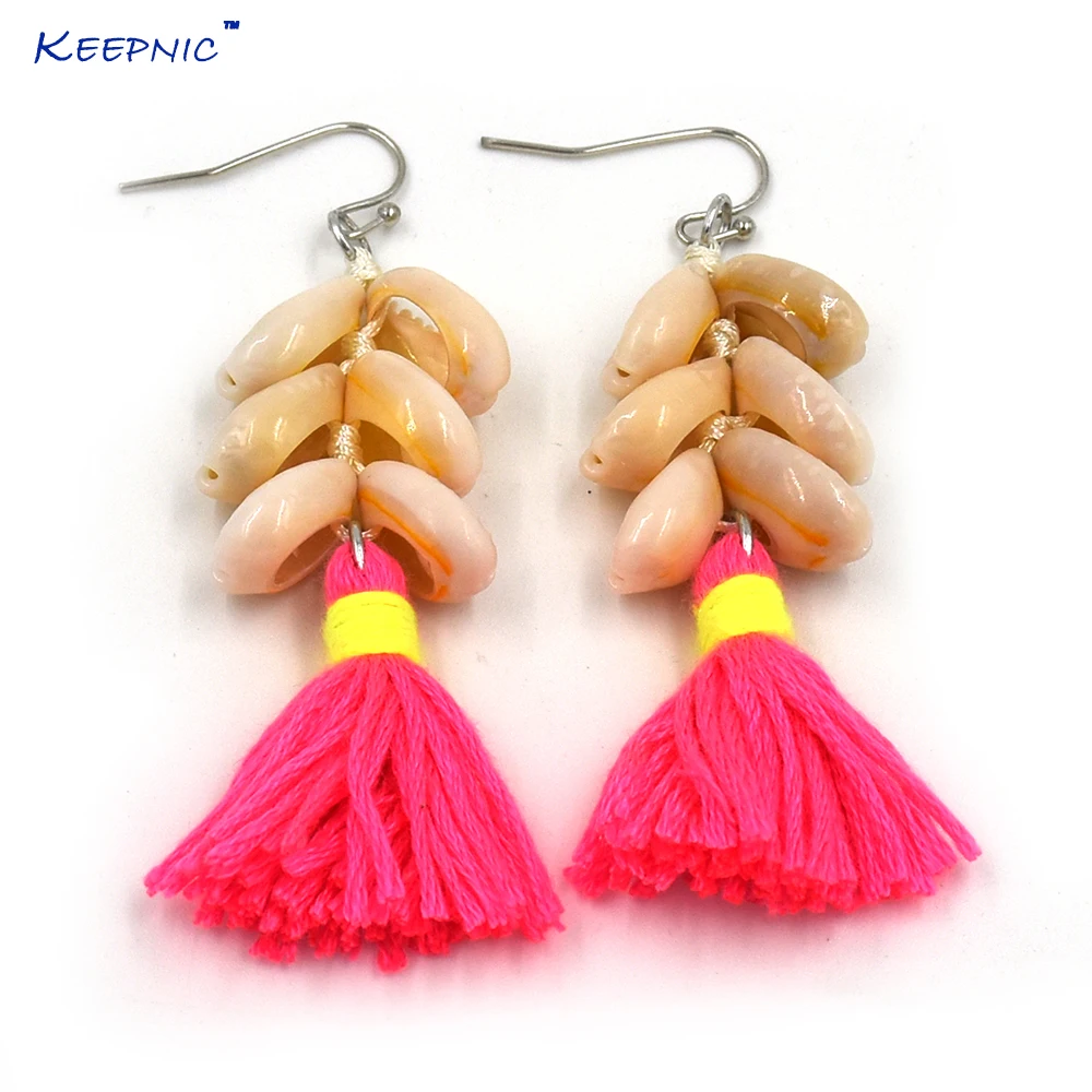 New Handmade Dangle Earrings With Cotton Tassel Summer Sea Beach Bohemian Multi Color Fluorescence Shell Charm Earrings