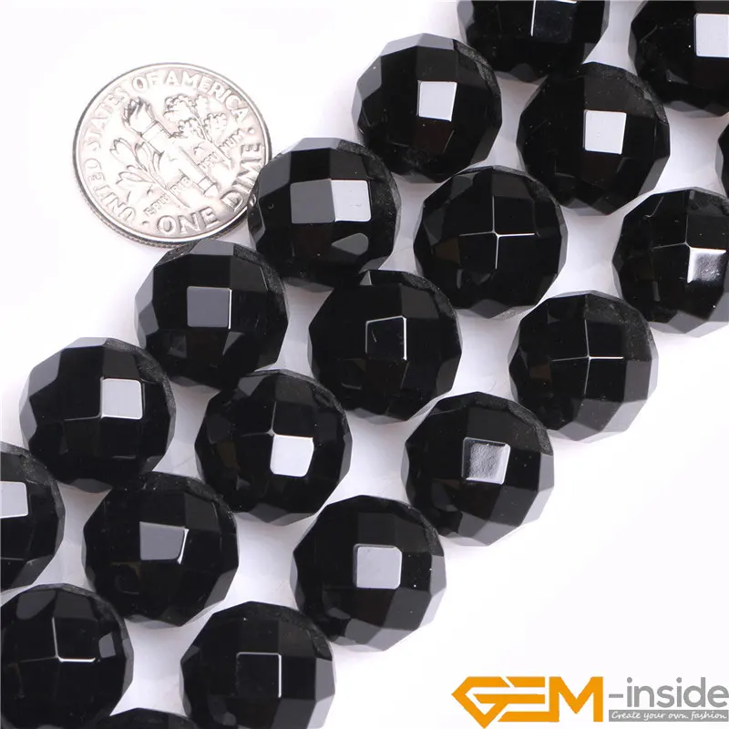 Round Faceted(32 Faces) AA Grade Black Agates Natural Stone DIY Beads For Jewelry Making Strand 15Inches