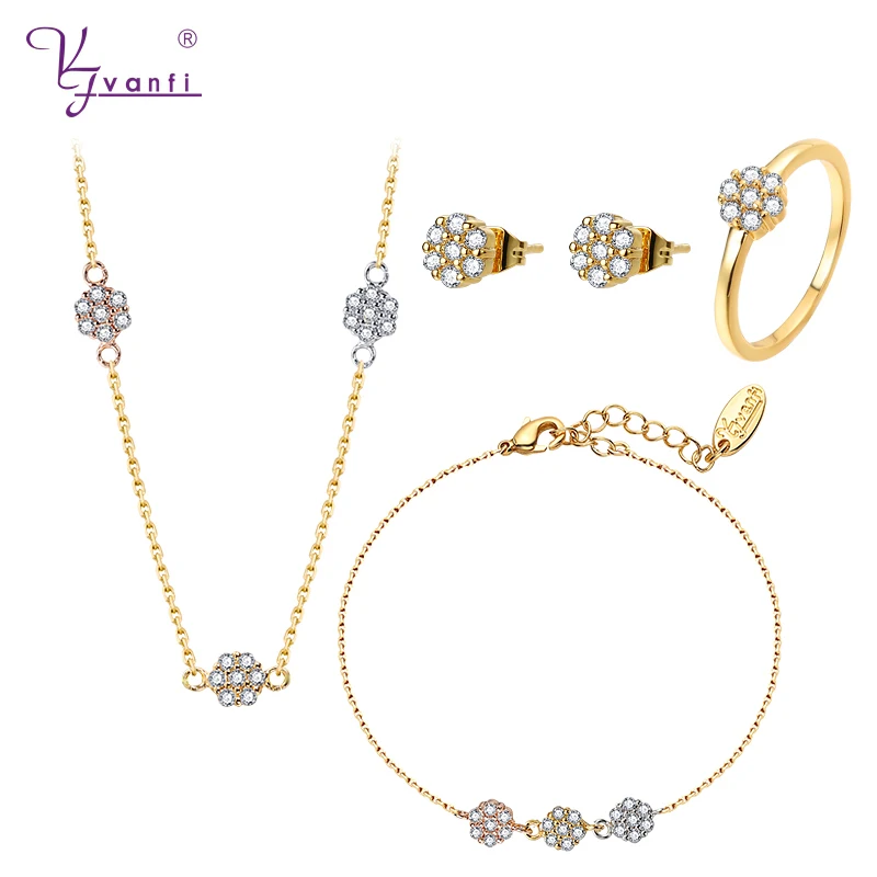 

Kfvanfi 3 Tone Color Flower Women Jewellery Sets Gold Rose Gold White Colors Copper Zircon Fashion Jewelry Bijoux Femme