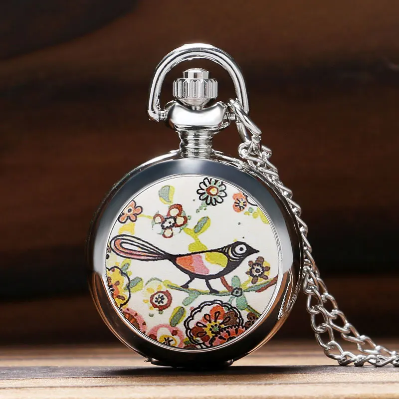 Lucky Colorful Painting Drawing Cute Bird Small Size Quartz Pocket Watch Womens Lady Girl Beautiful Necklace Pendant Chian Gifts