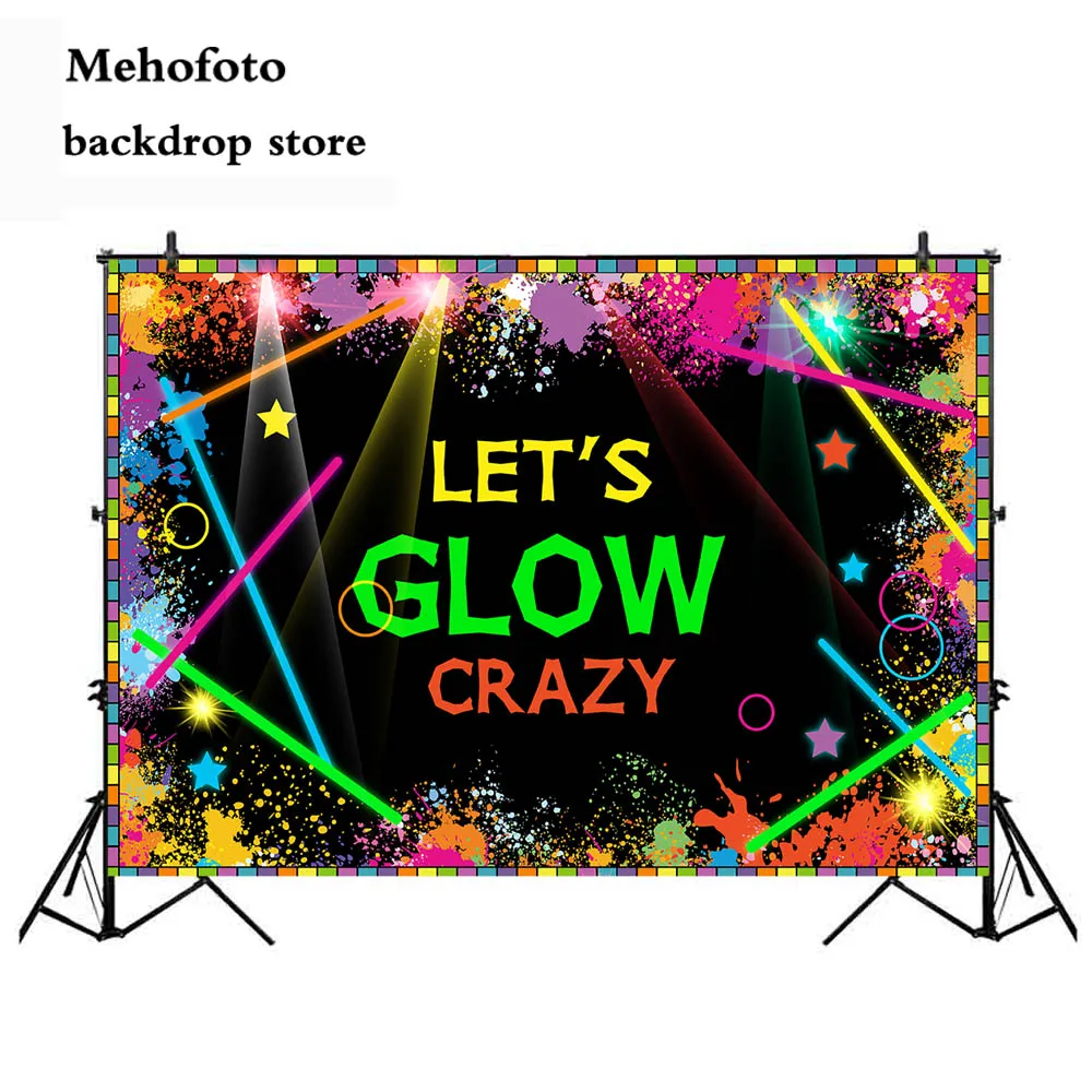 

Let's Glow Crazy Party Decoration Banner Neon Splatter Supplies Photo Booth Vinyl Black Background 7x5ft favor 197