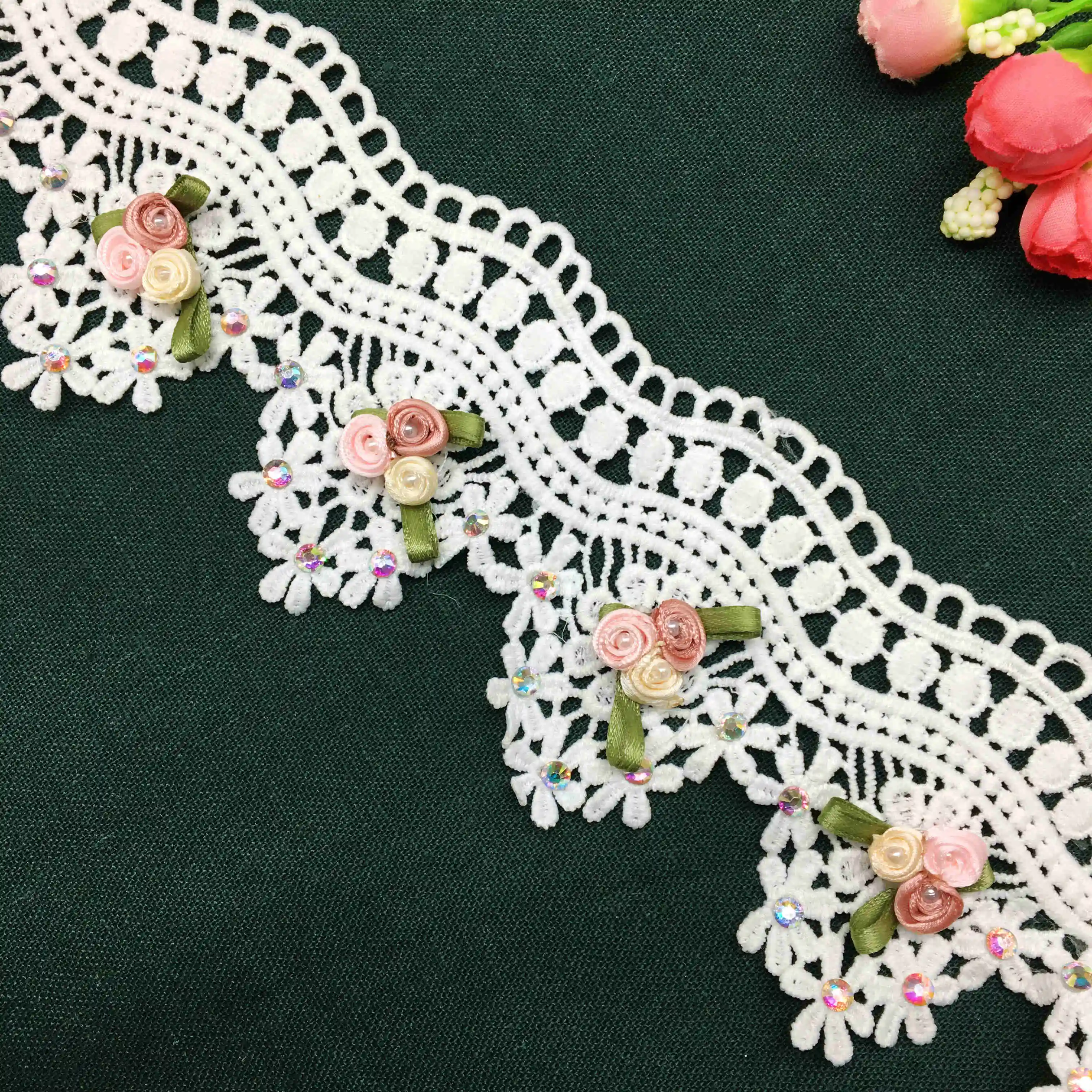 2 yard Fashion 3D Cotton Flower Diamond Pearl Lace Trim Ribbon Embroidered Wedding Fabric Trimming Applique Sewing Craft 7.5CM