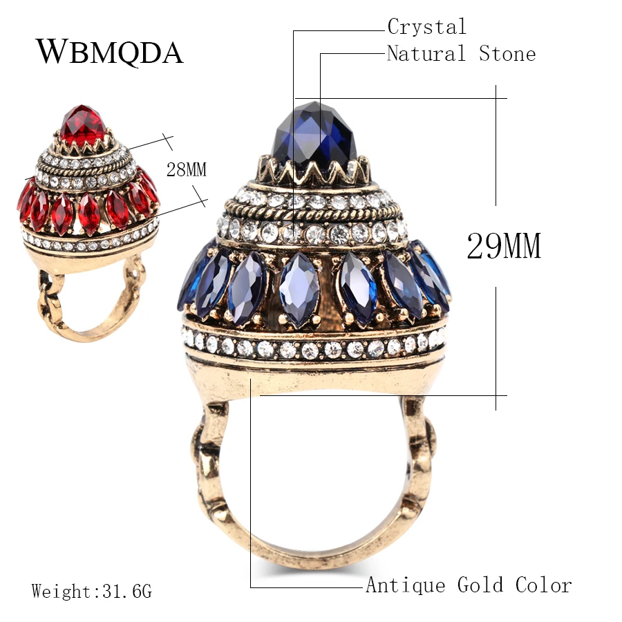 Luxury Natural Stone Crystal Crown Ring Boho Big Gold Tower Rings For Women Wedding Accessories Vintage Turkish Indian Jewelry