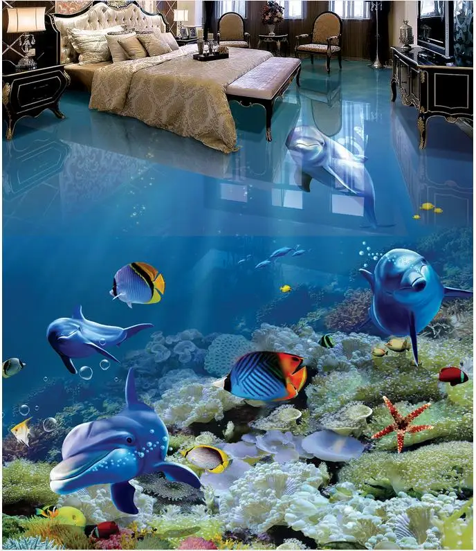 Modern Custom 3D Floor Mural Tropical Fish Dolphin Underwater World Bathroom  Non-slip Waterproof Self-adhesive PVC Wallpaper