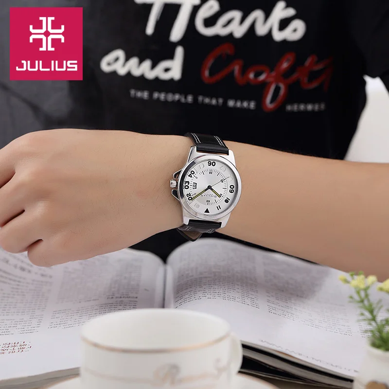 Top Auto Date Julius Men\'s Homme Wrist Watch Fashion Hours Dress Bracelet Retro Leather Young Student Boy Birthday Gift Box