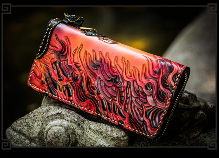 Hand Made Genuine Leather Wallets Carving Dragon Purses Men Long Clutch Vegetable Tanned Leather Wallet Card Holder