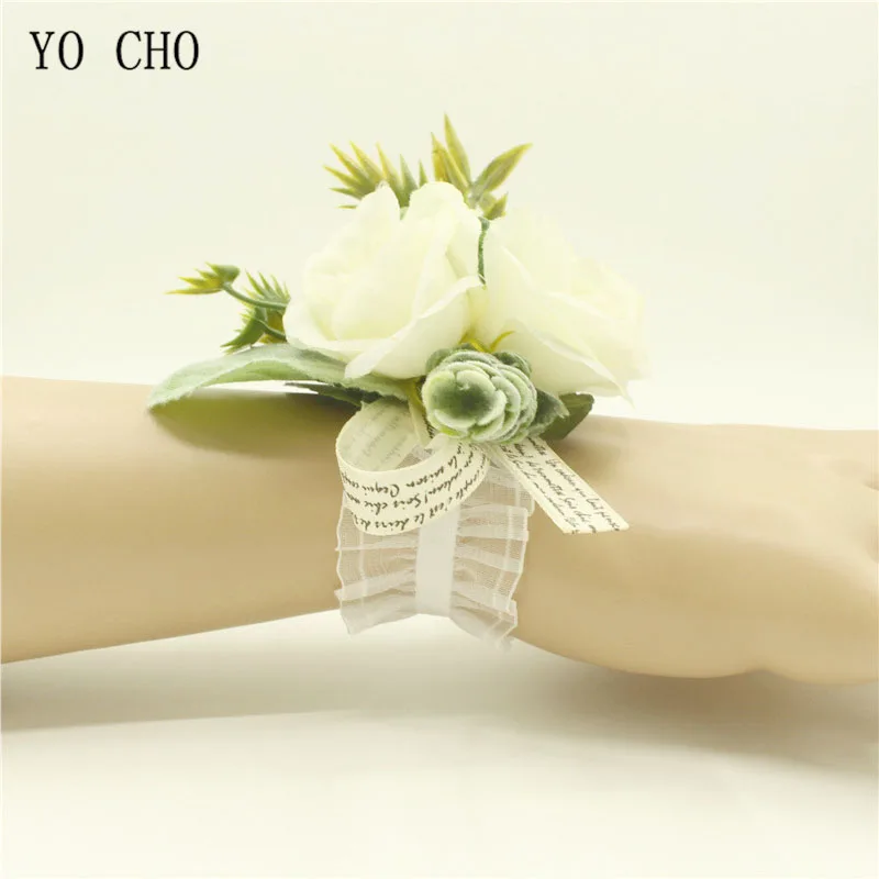 Ramillete de muñeca de YO CHO para dama de honor, brazalete de flor de seda Rosa Blanca, ojal, accesorios de boda