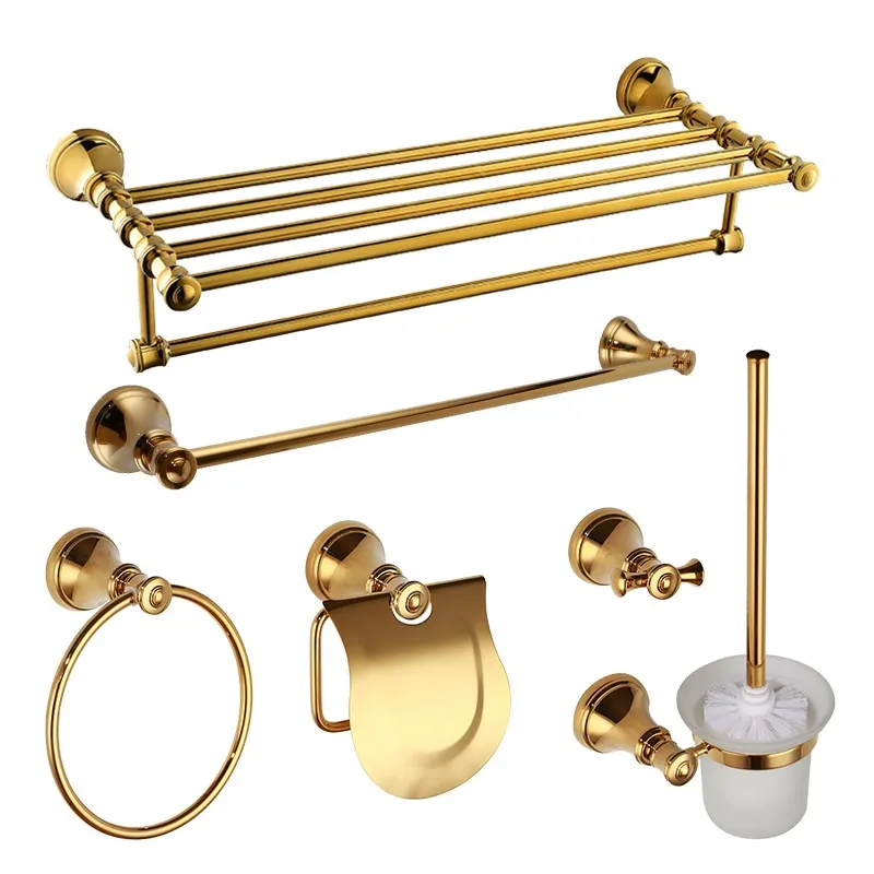 Luxury gold 6-Piece Bathroom Hardware Accessory Set towel rack bar towel ring paper holder Robe hook Toilet brush holder