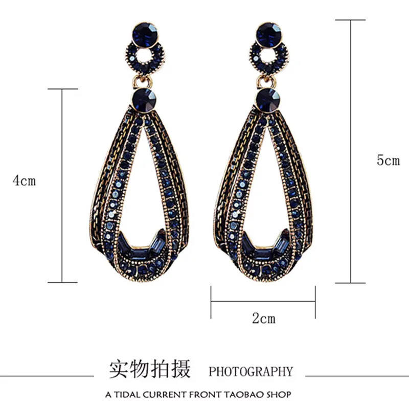 LUBOV Exaggerated Blue Crystal Lace Golden Metal Chain Dangle Earrings Women Personality Statement Drop Earrings Christmas Gift