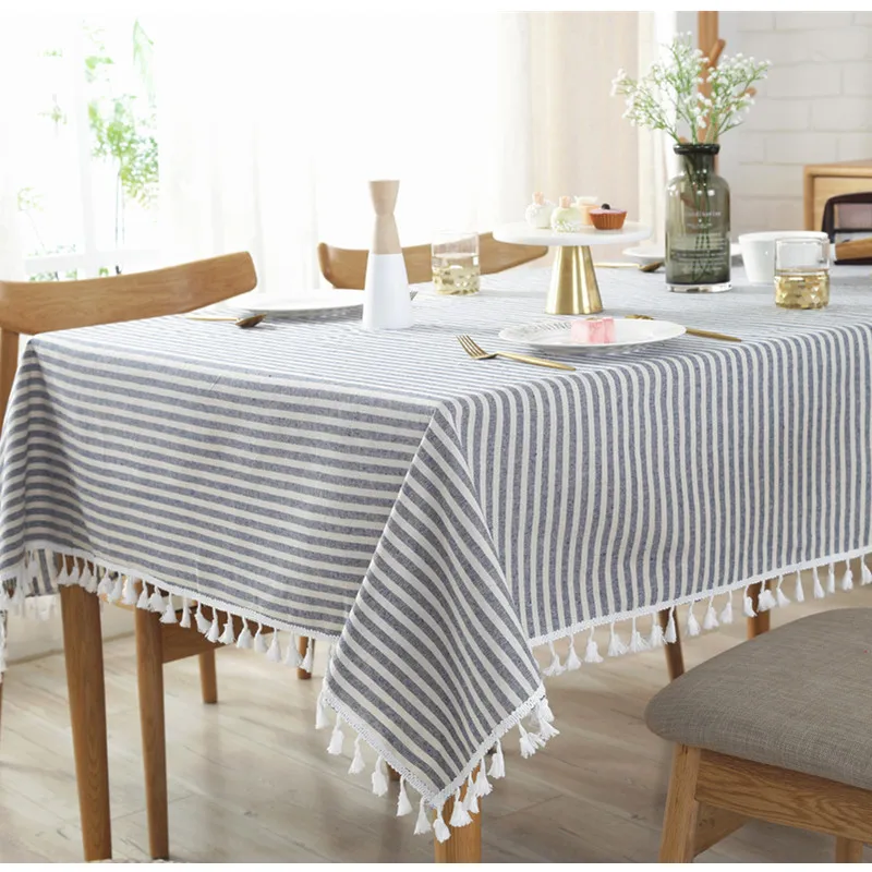 CFen A\'s Quality Dining Tablecloth Rectangle Cotton Linen Stripe Print Table Cloth Tassels Home Kitchen Banquet Table Cover 1pc