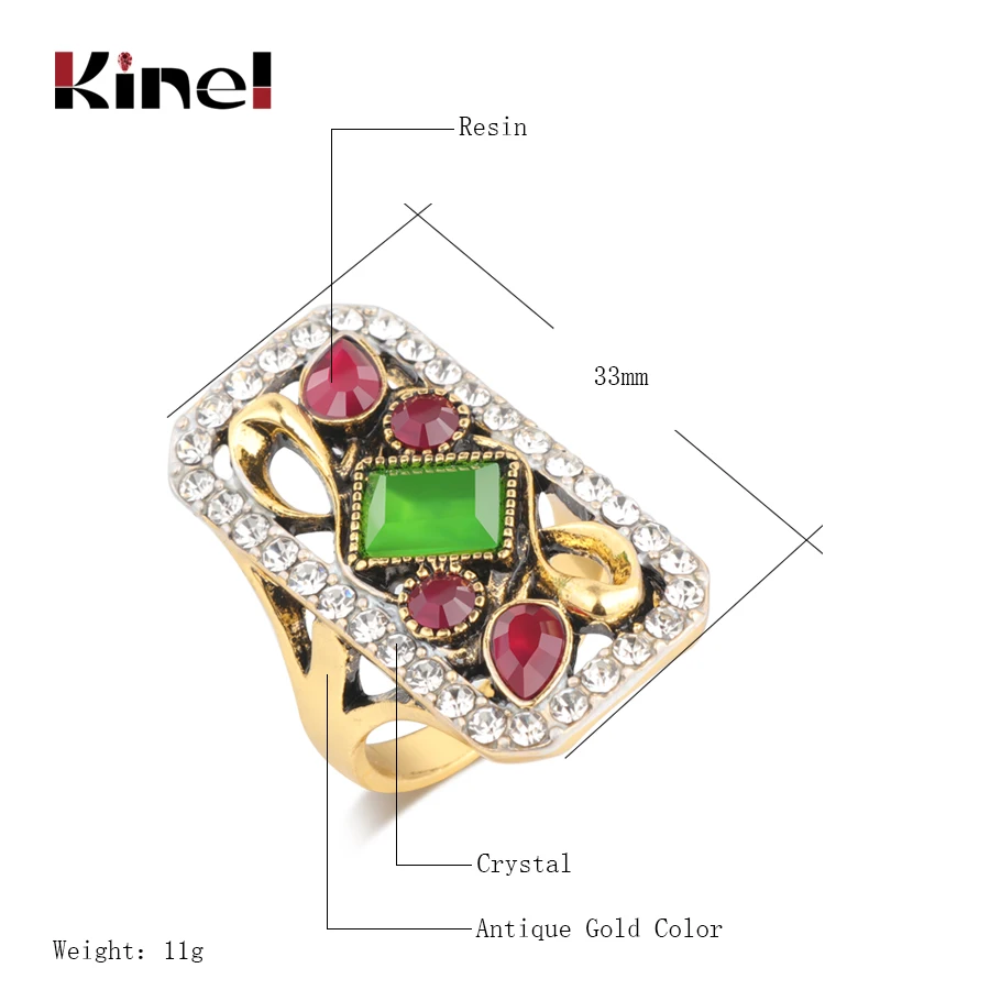 Kinel Hot Green Big Vintage Wedding Rings For Women Antique Gold Color Mosaic White Crystal Fashion Turkey Jewelry Love Gift