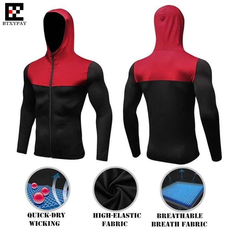 

100p Men Shapers Slim Sweatshirts 3D Tight High Elastic Quick-dry Wicking Fitness Long Sleeves Zipper Hooded Windproof Tops