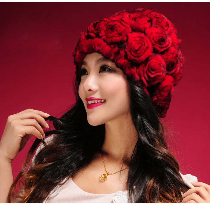 HSPL Rose Decoration Rabbit Fur Hat  For Winter Wholesale Price Rose Flower Warm Lady Fur Hats 2017 Fashion Winter Caps