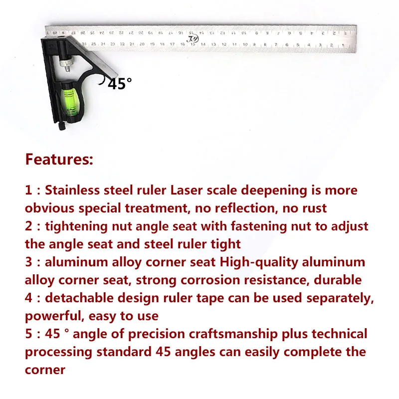 1Pcs 300Mm Verstelbare Hoek Heerser Rvs Ingenieurs Combinatie Proberen Vierkante Set Rechts Multi-Functionele Meetinstrumenten