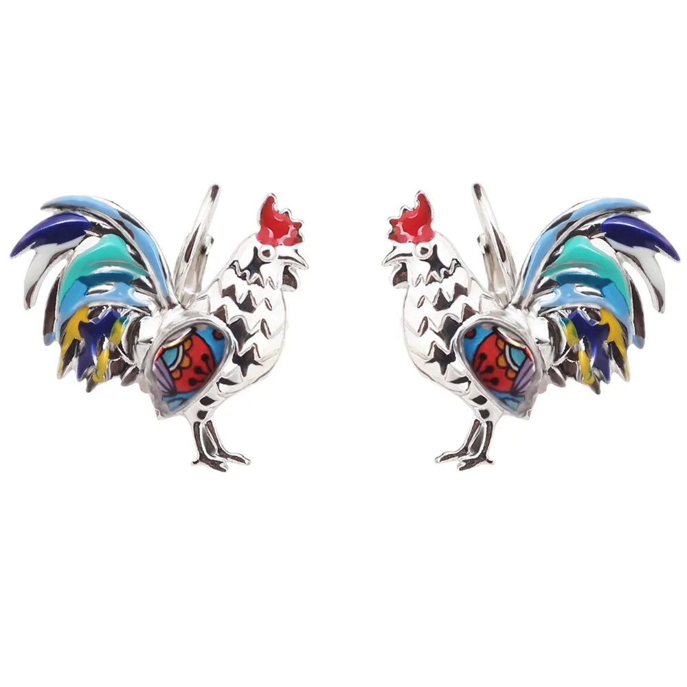 Bonsny Enamel Metal Floral Chicken Rooster Earrings Stud French Clip Alloy Farm Animal Jewelry For Girls Women Teens Decoration