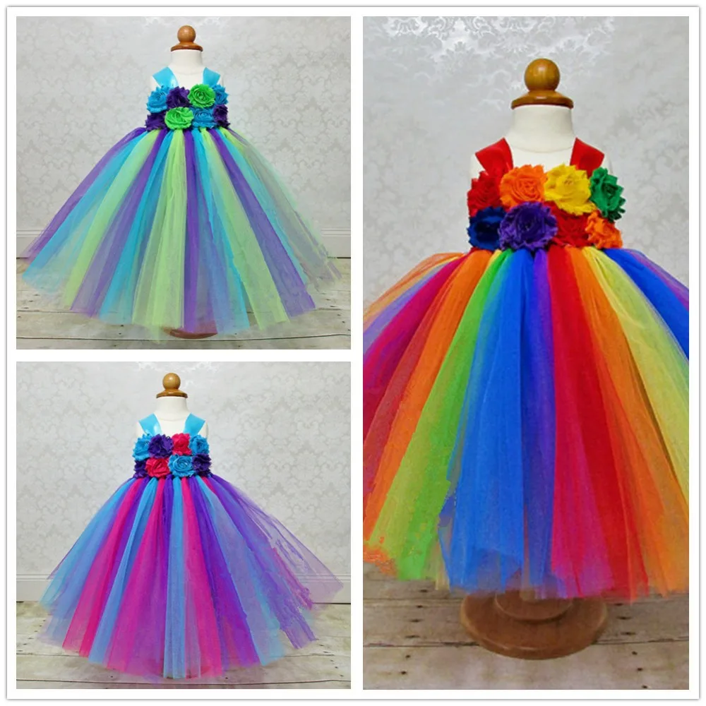 Arcobaleno Colore del Vestito Dal Tutu Delle Ragazze di Fiore Cinghie Capretti del Vestito Crochet Tulle Abiti Dell\'abito di Sfera Dei Bambini Da