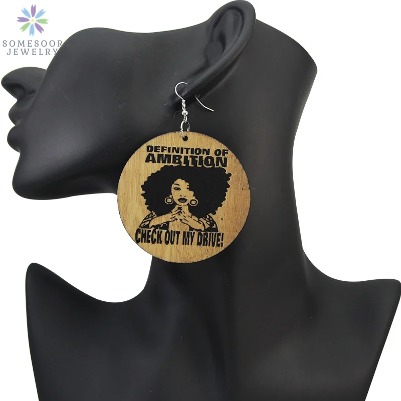 SOMESOOR 6cm Large African Carved Natural Wooden Drop Earrings Definition Of Ambition Afro Black Sayings Photos Jewelry